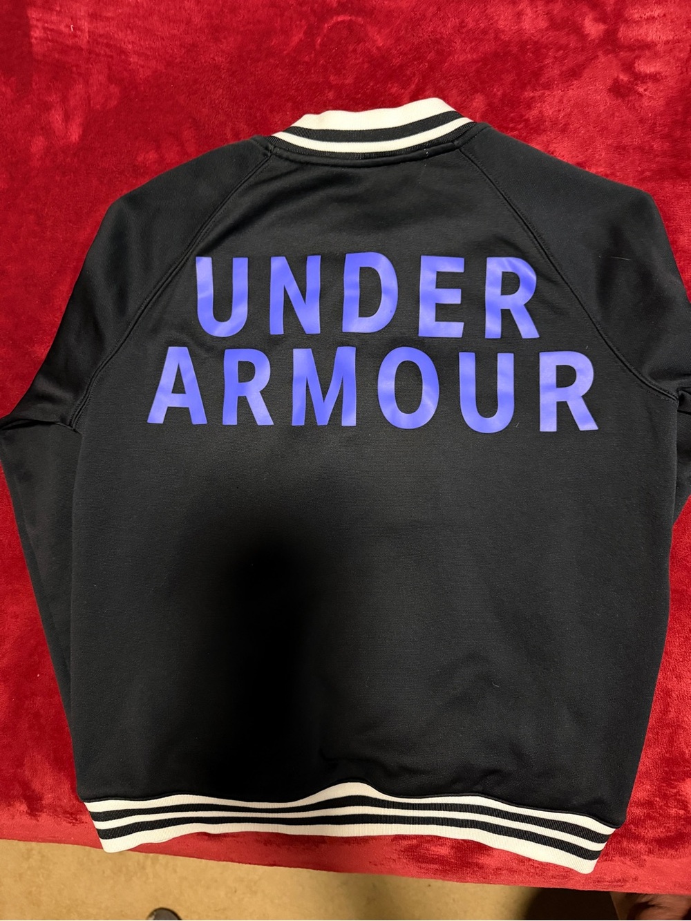 Under Armour Black Varsity Jacket with Purple Logo and White Stripe Trim